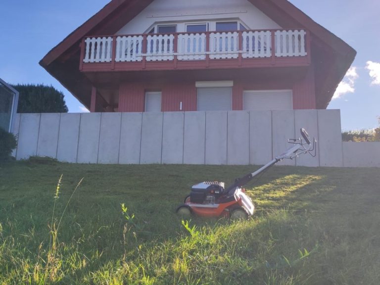 Rasenmäher beim Mähen im Sonnenschein Rasenmäher im Einsatz auf sonnigem Rasen, umgeben von Sonnenlicht